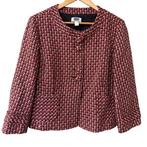 Ann Taylor LOFT Red Black White Houndstooth Tweed Blazer Jacket Women's Size 14